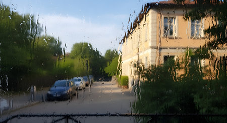 A view of a quiet street with trees and a building as seen through a window covered in raindrops. The water streams down the glass, creating a blurred and distorted, almost impressionistic, effect. The image conveys a melancholic, peaceful, or cozy mood associated with a rainy day.の素材
