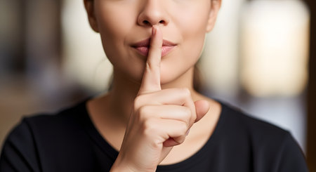 A close-up shot of a woman holding her index finger to her lips in a universal 'shh' gesture, asking for silence or secrecy. Her expression is calm and direct, with a soft focus background. The image represents concepts like quiet, secrets, confidentiality, discretion, and peace.の素材