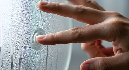 A close-up, sensory image of a person's finger touching a glass surface covered in condensation. The touch creates a circular ripple effect in the water droplets, highlighting the interaction between human touch and the physical world. The image conveys concepts of sensitivity, connection, and the properties of water.の素材