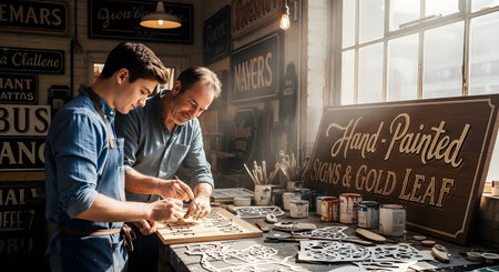 In a sunlit, rustic workshop, a master sign painter guides the hand of a young apprentice as they craft a wooden sign. This scene beautifully illustrates mentorship, the passing down of traditional skills, and the art of hand-painted craftsmanship.の素材
