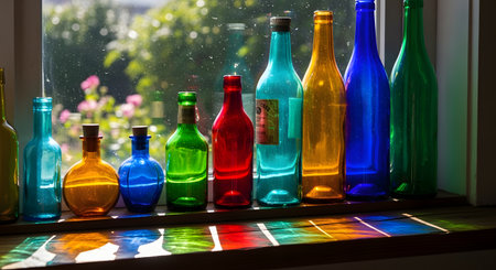 A charming collection of assorted colorful glass bottles sits on a wooden windowsill, illuminated by bright sunlight. The light passing through the translucent bottles casts a beautiful array of vibrant, rainbow-colored shadows, creating a cheerful and artistic still life.の素材
