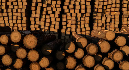 Large stacks of raw timber logs and precisely cut square beams are piled at a lumber mill, illuminated by the warm golden light of dawn or dusk. The image highlights the wood industry, from raw natural resources to processed materials.の素材