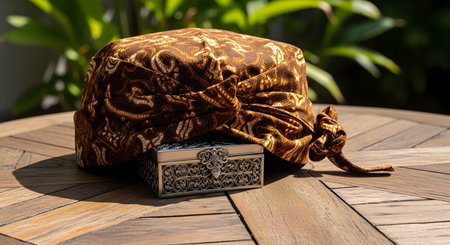 A traditional Javanese headdress, known as a blangkon, featuring an elegant brown and gold batik pattern, is displayed on a wooden table. Next to it sits an ornate silver box, creating a still life that represents the rich culture, heritage, and craftsmanship of Java, Indonesia. The setting is outdoors with lush green foliage in the background.の素材