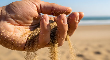 A close-up shot of a hand on a sunny beach, with fine, golden sand slipping through the fingers. This poignant image symbolizes the passage of time, impermanence, and the fleeting nature of moments. It also evokes the sensory experience of a relaxing day by the sea.の素材