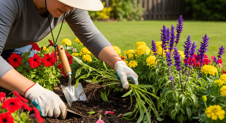 A woman wearing gardening gloves and a sun hat is planting colorful flowers in her sunny backyard. She uses a small trowel to work the soil around vibrant red, yellow, and purple blooms, enjoying a relaxing outdoor hobby.の素材
