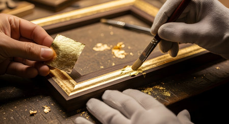 A skilled artisan, wearing white gloves for precision, carefully applies delicate sheets of gold leaf to a wooden picture frame. Using a soft brush, the gilder meticulously adheres the gold, creating a luxurious and ornate finish. The image highlights the traditional craft of gilding, emphasizing patience, detail, and luxury craftsmanship.の素材