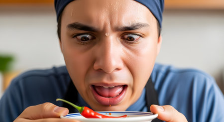 A funny close-up shows a young man sweating with wide, shocked eyes and an open mouth as he reacts to the intense heat of a small red chili pepper. The image captures the painful yet sometimes humorous experience of eating extremely spicy food.の素材