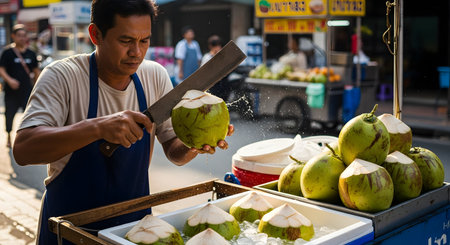 An Asian street food vendor stands at his cart and skillfully uses a large knife to open a fresh green coconut, with water splashing from the cut. His cart is filled with chilled coconuts, ready to be sold as refreshing drinks in a bustling market.の素材