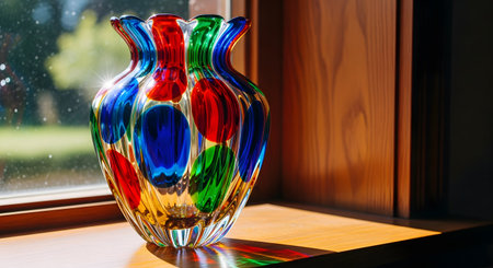 A vibrant, multicolored hand-blown glass vase, reminiscent of Murano glass, sits on a wooden windowsill, beautifully illuminated by direct sunlight. The light sparkles and refracts through the red, blue, and green glass, casting colorful shadows. This image of decorative art glass represents beauty, craftsmanship, and home decor.の素材