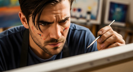 A handsome male artist with paint smudges on his face has an intense, focused expression as he works on a canvas in his studio. The close-up shot captures the passion, concentration, and creativity involved in the artistic process.の素材