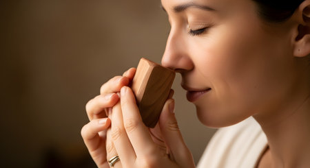 A serene woman with her eyes closed gently holds a block of aromatic wood to her nose, inhaling its natural fragrance. This close-up shot captures a moment of sensory pleasure and relaxation, suggesting concepts like aromatherapy, mindfulness, and the appreciation of natural scents like cedar or sandalwood.の素材
