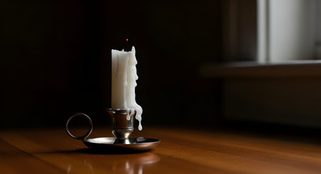 A single white candle, its flame recently extinguished, sits in a vintage silver candlestick holder on a wooden floor. Melted wax has dripped down its side, creating an atmospheric and moody still life with a sense of quiet contemplation or finality.の素材