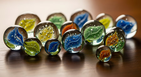 A collection of colorful, translucent glass marbles with internal swirl patterns is arranged on a smooth, reflective wooden surface. The light catches the intricate details and tiny air bubbles within each marble, creating a nostalgic and playful scene. The image represents childhood, games, and collecting hobbies.の素材