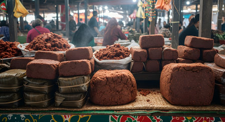 Large blocks and piles of fermented shrimp paste, known as terasi or belacan, are displayed for sale at a bustling traditional market in Southeast Asia. This essential culinary ingredient is a staple in many local dishes, and the image captures an authentic slice of local food culture.の素材