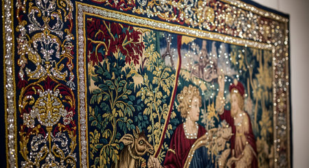 A close-up detail of a magnificent antique wall tapestry woven with rich, colorful threads. The intricate medieval scene is embellished with sparkling gold and silver metallic thread, adding a luxurious and opulent quality. This image showcases the fine craftsmanship of historical textiles and art.の素材