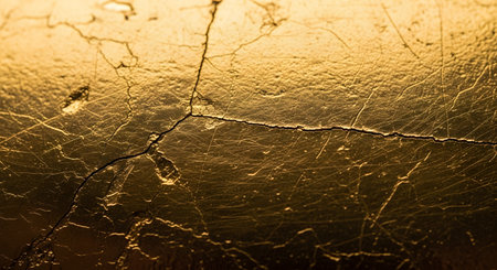 An elegant macro photograph of a gilded surface, showing a detailed texture of cracked and weathered gold leaf. The fine lines and imperfections on the lustrous golden background create a sophisticated and abstract image. It represents concepts like flawed beauty, luxury, and the Japanese art of kintsugi.の素材