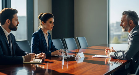 Three professionals in business suits engage in a serious conversation across a polished conference table in a modern office. A senior executive speaks with a younger man and woman, suggesting a high-stakes negotiation, job interview, or important corporate meeting. The atmosphere is formal and focused.の素材