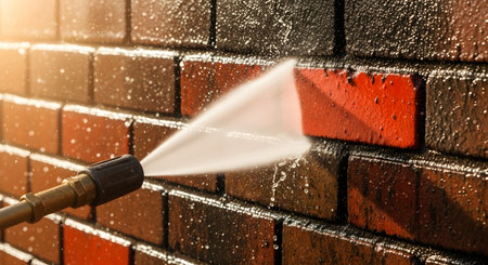 A high-pressure water jet from a power washer is shown cleaning a grimy brick wall, stripping away dirt to reveal the clean, vibrant red brick underneath. The image effectively demonstrates exterior cleaning and home maintenance.の素材