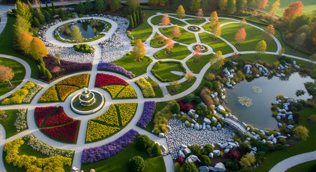 A stunning aerial view of a meticulously landscaped formal garden in autumn. The design features geometric flower beds with vibrant colors, winding paths, rock gardens, and tranquil ponds, showcasing horticultural artistry and landscape architecture.の素材