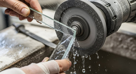 In a workshop, a glazier's hands carefully hold a piece of glass against a spinning, wet grinding wheel to smooth and shape its edge. Water sprays from the point of contact, cooling the glass and reducing dust. This action shot represents precision craftsmanship, industrial work, and the process of finishing glass.の素材