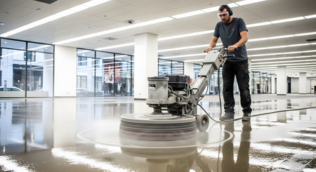 A male worker wearing protective headphones and goggles operates a heavy-duty floor polishing machine in a large, empty commercial building. The machine grinds the wet concrete surface, creating a smooth, reflective finish during a construction or renovation project.の素材