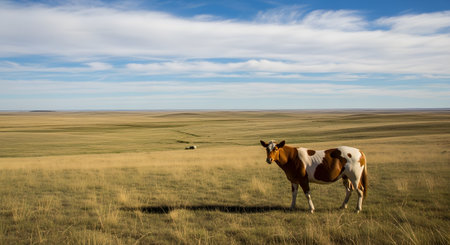 A single brown and white cow stands in a vast, treeless prairie under a wide blue sky with sparse clouds. The expansive, rolling landscape of dry grass stretches to the horizon, evoking a sense of solitude, freedom, and the American West. The image captures the essence of open-range ranching.の素材