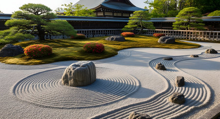 A pristine Japanese rock garden (karesansui) features meticulously raked white gravel forming concentric circles around stones, with manicured moss and shrubs in the background. The serene landscape is a symbol of meditation, minimalism, and harmony.の素材