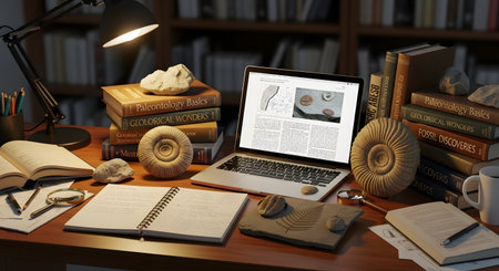A scholar's wooden desk is meticulously arranged for studying paleontology, featuring ammonite and trilobite fossils, stacks of geology textbooks, and an open laptop displaying research. A desk lamp illuminates the scene, which includes notebooks, magnifying glasses, and a cup of coffee. The image represents education, research, science, and a passion for natural history.の素材