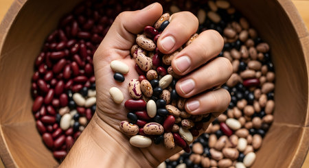 A close-up, top-down view of a man's hand scooping a variety of colorful, mixed dried beans from a large wooden bowl. The assortment includes pinto, kidney, black, and cannellini beans, representing a healthy, plant-based source of protein and fiber.の素材