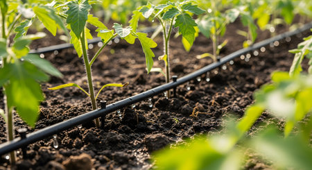 A close-up view of a drip irrigation system efficiently watering a row of young tomato plants in rich, dark soil. Water droplets can be seen emerging from the hose, illustrating a method of water conservation in modern agriculture.の素材