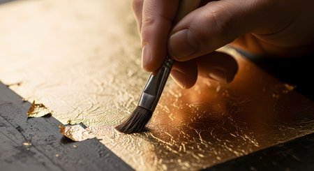 A close-up shot captures the delicate hand of a craftsman using a soft brush to meticulously apply a fragile sheet of gold leaf to a surface. The traditional art of gilding is highlighted, representing luxury, attention to detail, and fine craftsmanship.の素材