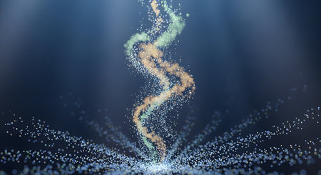 An abstract visualization of data or energy, depicted as a swirling vortex of glowing green and yellow particles rising from a field of dots against a dark blue background. The image represents concepts like big data, information flow, technology, and science.の素材