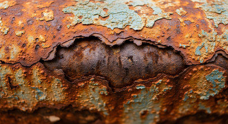 A macro, detailed photograph captures the texture of severe corrosion on a metal surface. Layers of cracked and peeling blue paint reveal a thick, flaky buildup of orange and brown rust, creating a powerful abstract image of decay and aging.の素材