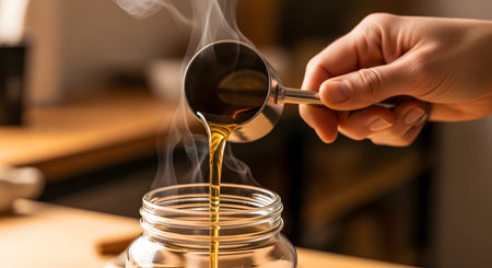 A hand pours a stream of hot, steaming golden liquid, like honey or syrup, from a metal measuring cup into a clear glass jar. The warm, soft-focus kitchen background and visible steam create a cozy and inviting atmosphere related to cooking or baking.の素材