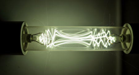A close-up view of a specialized glass tube light bulb reveals a complex, glowing filament inside that creates a bright, zigzag pattern of light. The overall image has a greenish, scientific hue, suggesting concepts of energy, electricity, and innovation.の素材
