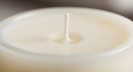 A detailed macro photograph focuses on the clean, white wick of an unlit, off-white wax candle. The smooth, pristine surface of the wax and the texture of the cotton wick are clearly visible, representing potential, purity, and stillness before ignition.の素材