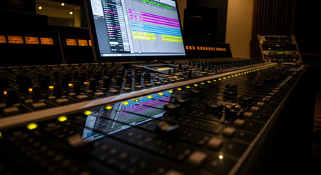 A low-angle shot of a large, professional audio mixing console in a dimly lit recording studio. The screen in the background displays a digital audio workstation (DAW) with colorful tracks, while the console's faders, knobs, and lights suggest a complex music production or post-production environment.の素材