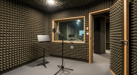 Interior of a professional recording studio's vocal booth, with walls covered in dark grey acoustic foam for soundproofing. A condenser microphone on a stand is ready for recording, illustrating a space designed for music production, podcasting, or voice-over work.の素材