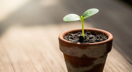 A close-up of a small green seedling sprouting from soil in a terracotta pot, placed on a wooden surface. The new plant, with two fresh leaves, symbolizes new life, growth, hope, and the beginning of a new journey.の素材