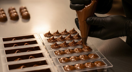 A professional chocolatier wearing black gloves uses a piping bag to meticulously fill transparent molds with smooth, melted chocolate. The precise and skillful process takes place on a stainless steel countertop in a professional kitchen or confectionery.の素材
