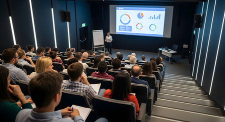 A view from the back of a modern lecture hall filled with an attentive audience during a business conference. A presenter stands on stage next to a large screen displaying colorful charts and data graphs. The attendees are focused on the presentation, some taking notes.の素材