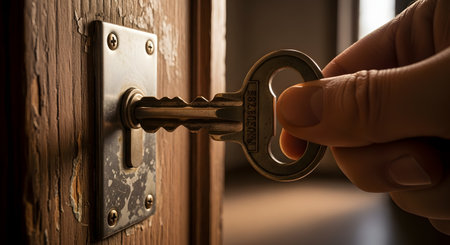A close-up of a hand inserting an antique-style metal key into the keyhole of an old, weathered wooden door. This conceptual image represents unlocking opportunities, finding solutions, access, security, and discovering secrets.の素材