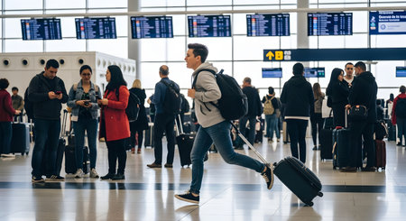 A young traveler with a backpack is running through a busy, modern airport terminal while pulling a rolling suitcase. In the background, other passengers wait and check flight information on large digital departure boards, conveying a sense of urgency and the dynamic nature of travel.の素材