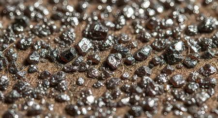 An extreme close-up, macro photograph of numerous small, dark, shiny crystals, possibly industrial diamonds or another abrasive material, embedded in a brown surface. The shallow depth of field highlights the sharp facets and texture of the individual grains. The image conveys concepts of toughness, precision, industry, and raw materials.の素材
