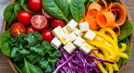 A close-up, top-down view of a vibrant and healthy salad bowl brimming with fresh ingredients. The colorful mix includes spinach, kale, cherry tomatoes, feta cheese, and shredded carrots, representing clean eating and a nutritious vegetarian diet.の素材