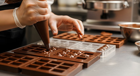 Wearing disposable gloves, a pastry chef uses a piping bag to carefully fill several chocolate bar molds with liquid milk chocolate. The scene is set on a metal work surface in a professional kitchen, showcasing the craft of artisan chocolate making.の素材
