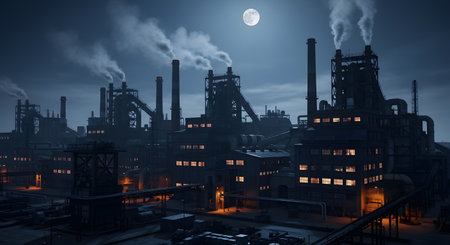 A sprawling industrial factory complex operating at night under a full moon and a dark sky. Smoke billows from numerous smokestacks, and the structures are illuminated by warm interior lights, creating a powerful and imposing scene. The image depicts themes of industry, production, energy, and pollution.の素材