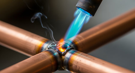 A close-up view of a skilled worker using a blowtorch with a hot blue flame to solder a joint on copper pipes. Molten solder flows into the connection as wisps of smoke rise, illustrating plumbing, brazing, or metalworking.の素材