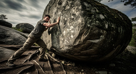 A muscular and determined man strains with all his might to push a massive, moss-covered boulder in a rugged, rocky landscape. The low-angle shot emphasizes the immense size of the rock and the man's powerful effort. This image is a metaphor for overcoming great challenges, strength, perseverance, and impossible tasks.の素材