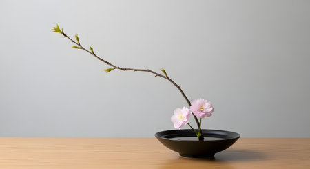 A simple and elegant Japanese ikebana flower arrangement featuring a single branch with delicate pink cherry blossoms and new green buds. The branch is artfully placed in a low, black ceramic bowl of water on a wooden table against a plain gray background, embodying principles of minimalism and zen.の素材